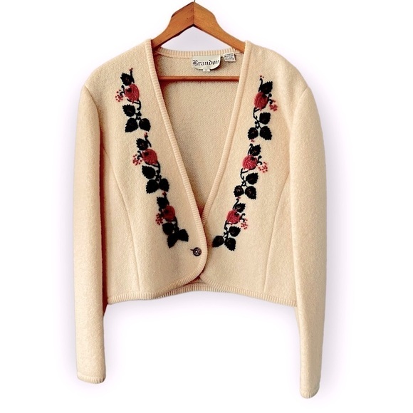 BRANDON Vintage Pure Virgin Wool Cropped Floral Embroidered Cardigan Size M - Picture 5 of 10